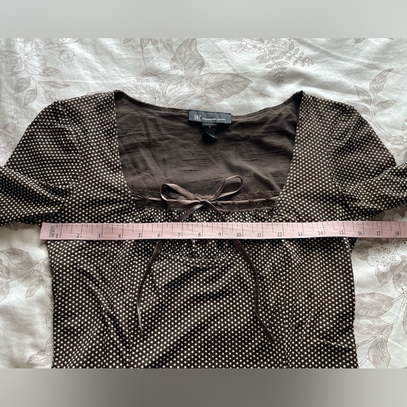 Y2K Nylon Brown White Polka Dot Micro Mesh Bow Top Small Coquette Cottage Office - Picture 3 of 6